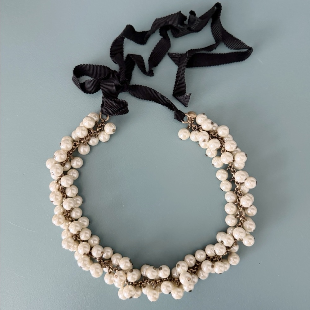 J. Crew Pearl Necklace with Black Ribbon